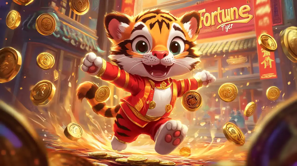 An adorable cartoon tiger cub in a red jacket joyfully runs through a street filled with gold coins in the vibrant kkbd online slot game, Fortune Tiger.